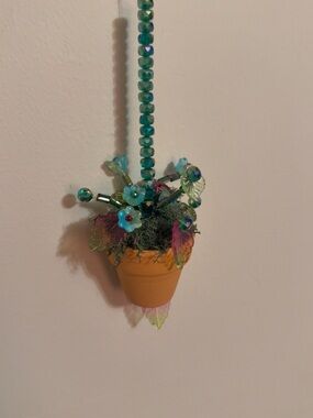 Hanging Beaded Mini Flower Pot Ornament - Teal & Amber